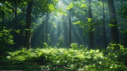 Fototapeta na wymiar Morning Light Beams in a Serene Woodland