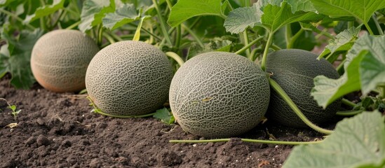 Three cantaloupes are maturing on a terrestrial plant in a garden, surrounded by lush green grass. Soon they will be a delectable ingredient in a variety of natural food dishes.