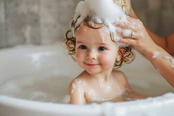 Mother is washing the kid's hair in the tub