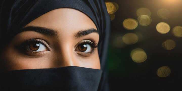 close up of eyes of Muslim woman in hijab and copy space on the dark