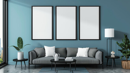 Modern beige living room with mock-up structural painting, created sculpture, inspired personal items, and cozy textured rugs. Template. Generative AI