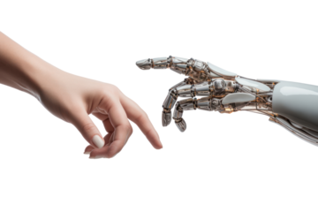 woman's hand and robot's hand isolated on transparent and white background.PNG image.