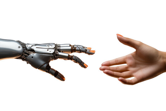 woman's hand and robot's hand isolated on transparent and white background.PNG image.