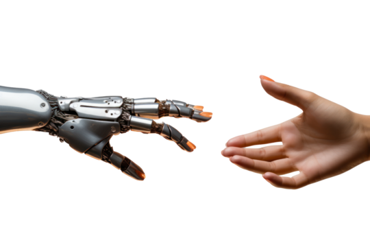 woman's hand and robot's hand isolated on transparent and white background.PNG image.
