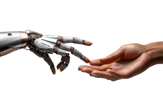 woman's hand and robot's hand isolated on transparent and white background.PNG image.