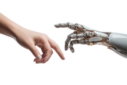 woman's hand and robot's hand isolated on transparent and white background.PNG image.