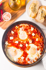Shakshuka made of poached eggs in tomato pepper sauce