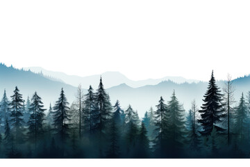 Blue silhouette of spruce and fir trees isolated on transparent and white background.PNG image.