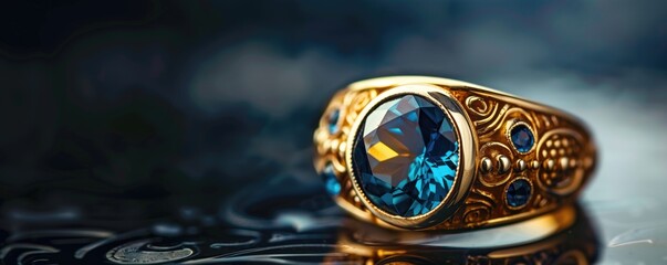 Vintage handcrafted golden ring with blue gemstone sapphire, Aquamarine, Blue Topaz or Turquoise with play of light