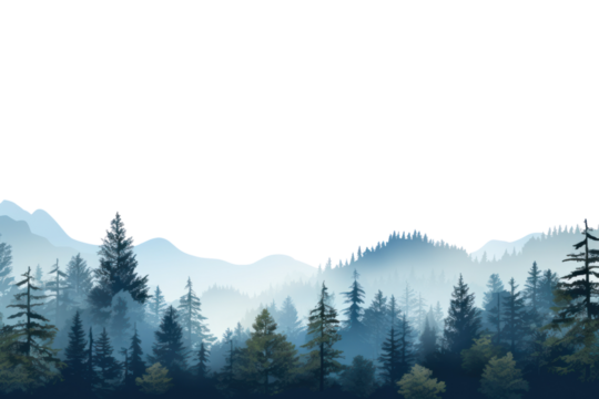 Blue silhouette of spruce and fir trees isolated on transparent and white background.PNG image.