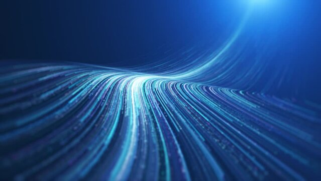 Blue particle light stripes, elegant lines flow down. Blue stream with striped, flowing neon curve lines background.