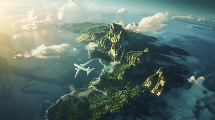 Travel concept with an airplane over a continent. Generative Ai