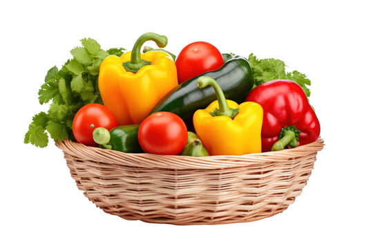Fresh organic fruits and vegetables in basket isolated on transparent and white background.PNG image.