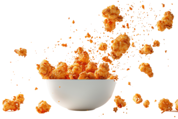 Fried chicken flying out of a cardboard bucket isolated on a white transparent background.