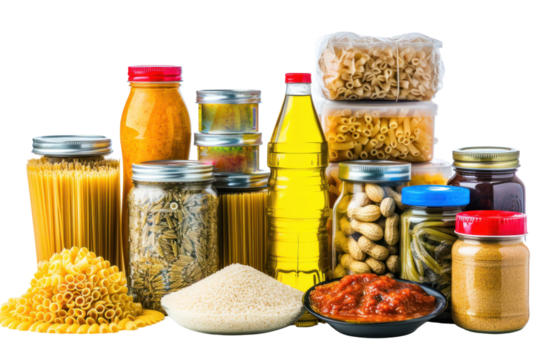Prepared food for donation such as pasta, rice, oil, peanut butter, canned food, etc. isolated on transparent background.