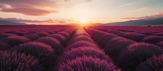 A field of lavender flowers, with rows stretching towards the setting sun in the background. The...