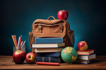 Back to school background. Home study, studentship. Education and knowledge. Colourful backpack. Autumn, September.