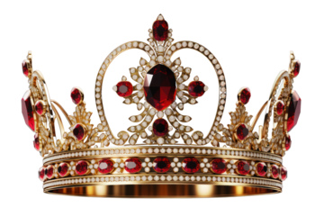 Gold crown with red jewels isolated on transparent and white background.PNG image.	