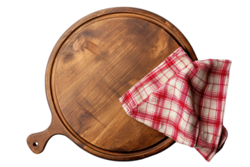 Empty pizza board Pizza and napkins, isolated top view, transparent background.