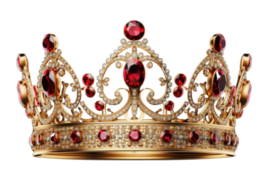 Gold crown with red jewels isolated on transparent and white background.PNG image.	