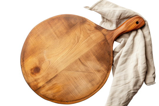 Empty pizza board Pizza and napkins, isolated top view, transparent background.