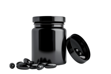 Black bottled vitamins, black label isolated on transparent background.