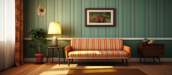 A retro-style living room featuring green walls and a striped couch. The room is adorned with...