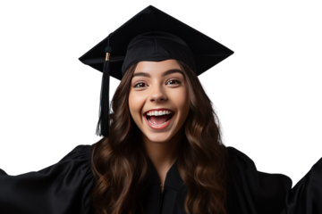 happy young student girl in hat of graduation isolated on transparent and white background.PNG image.	