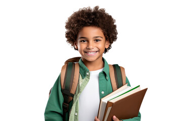 Happy smiling boy with backpack while walking to school isolated on transparent and white background.PNG image.	