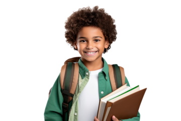 Happy smiling boy with backpack while walking to school isolated on transparent and white background.PNG image.	