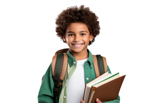 Happy smiling boy with backpack while walking to school isolated on transparent and white background.PNG image.	