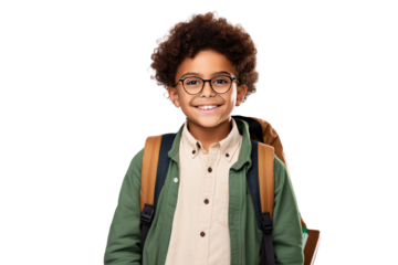 Happy smiling boy with backpack while walking to school isolated on transparent and white background.PNG image.	