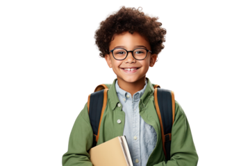 Happy smiling boy with backpack while walking to school isolated on transparent and white background.PNG image.	