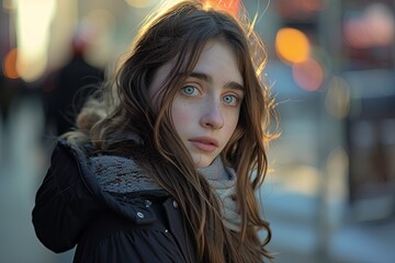 Portrait of young happy caucasian woman with brunette hairs and green eyes walking in the New York...