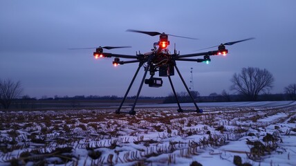 Drone equipped with infrared cameras flying at dusk to assess field moisture levels