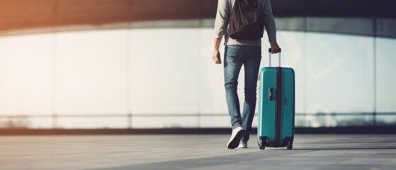 Young woman with suitcase at airport terminal. Travel and tourism concept with copy space. Travel concept with copy space. Travelling.  - obrazy, fototapety, plakaty