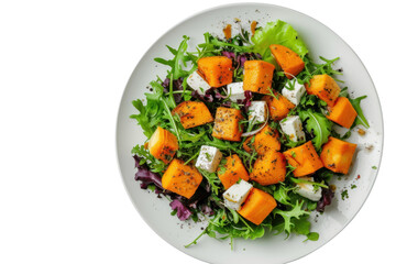 Top view. Sliced fish heart salad in ceramic bowl isolated on transparent white background.