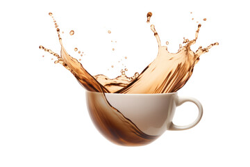 Liquid coffee wave splashing with white cup isolated on transparent and white background.PNG image.	