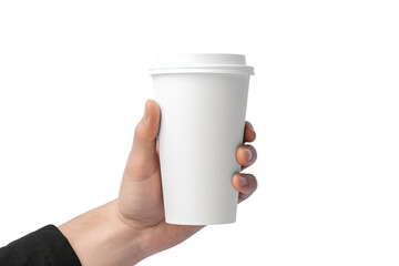 Close up male hand holding a Coffee paper cup,Paper coffee cups, recycled isolated on transparent...