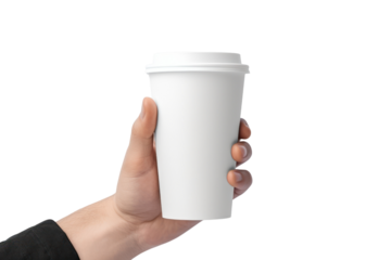 Close up male hand holding a Coffee paper cup,Paper coffee cups, recycled isolated on transparent and white background.PNG image.