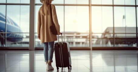 Young woman with suitcase at airport terminal. Travel and vacation concept. Travel and business concept . Travel concept. Travelling. - obrazy, fototapety, plakaty