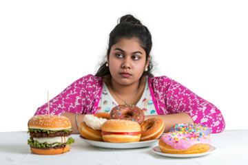 Overweight Indian woman sitting with plate full of junk food Fat Indian woman isolated on transparent background.