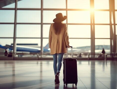 Young woman with a suitcase at the airport. Travel and business concept. Travel and tourism concept with copy space. Travel concept with copy space. Travelling. 