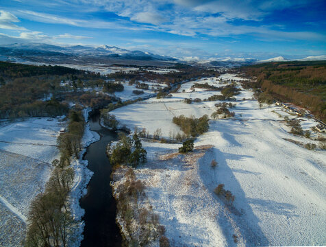 Aerial winter view of the River Carron near Ardgay in the Scottish Highlands of Sutherland, Scotland, UK
