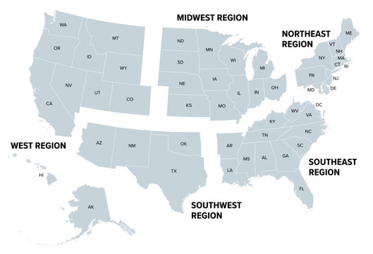 United States, geographic regions, gray political map. Five regions, according to their geographic position on the continent. Common but unofficial way of referring to regions of the United States.