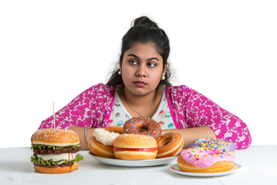 Overweight Indian woman sitting with plate full of junk food Fat Indian woman isolated on transparent background.