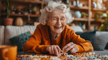 Mental Gymnastics: Smiling Elderly Woman Engages in Puzzle Therapy