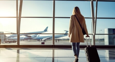 Young woman with suitcase in airport terminal. Travel and tourism concept. Travel and business concept . Travel concept. Travelling. - obrazy, fototapety, plakaty