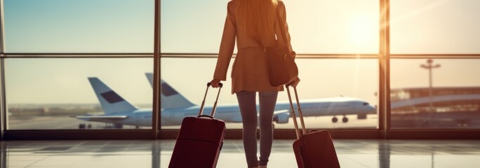 Woman with suitcase at airport terminal. Travel and vacation concept. Banner. Travel and business concept . Travel concept. Travelling. - obrazy, fototapety, plakaty