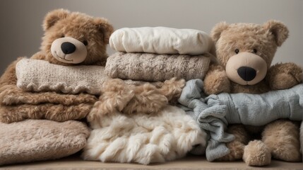 Two cuddly teddy bears sit beside a neat stack of various cozy knit blankets, invoking a sense of warmth and comfort